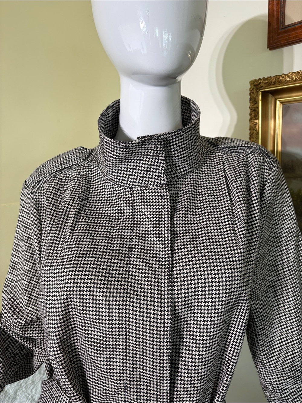 H&M Houndstooth Belted Trench Coat Dress Stand Up Collar - Size 14 - Picture 7 of 10